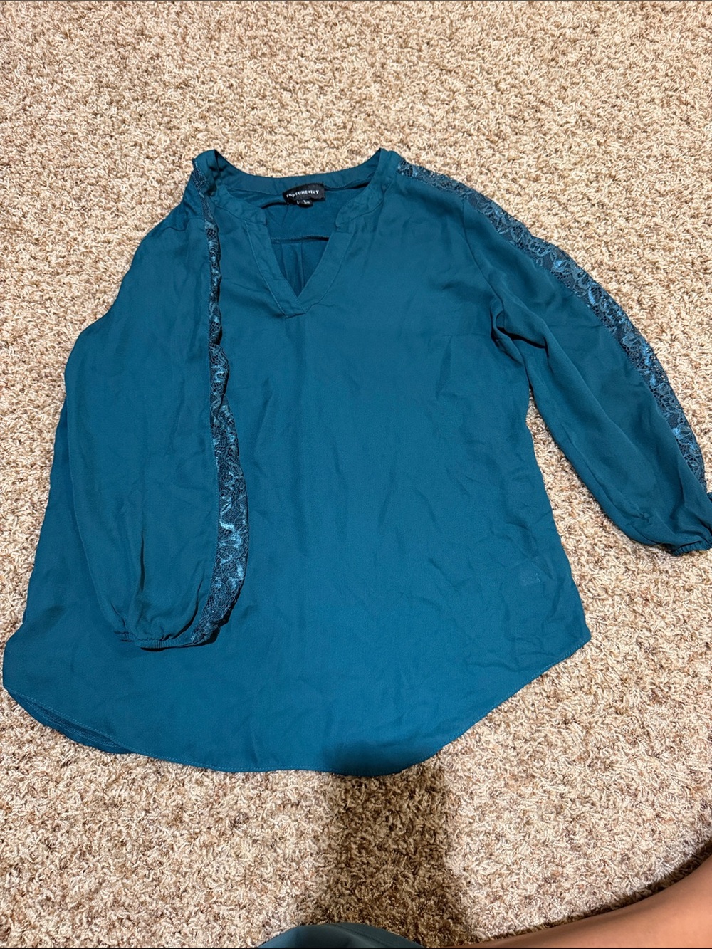 Teal V-Neck Lace-Trim Blouse - Women's Top